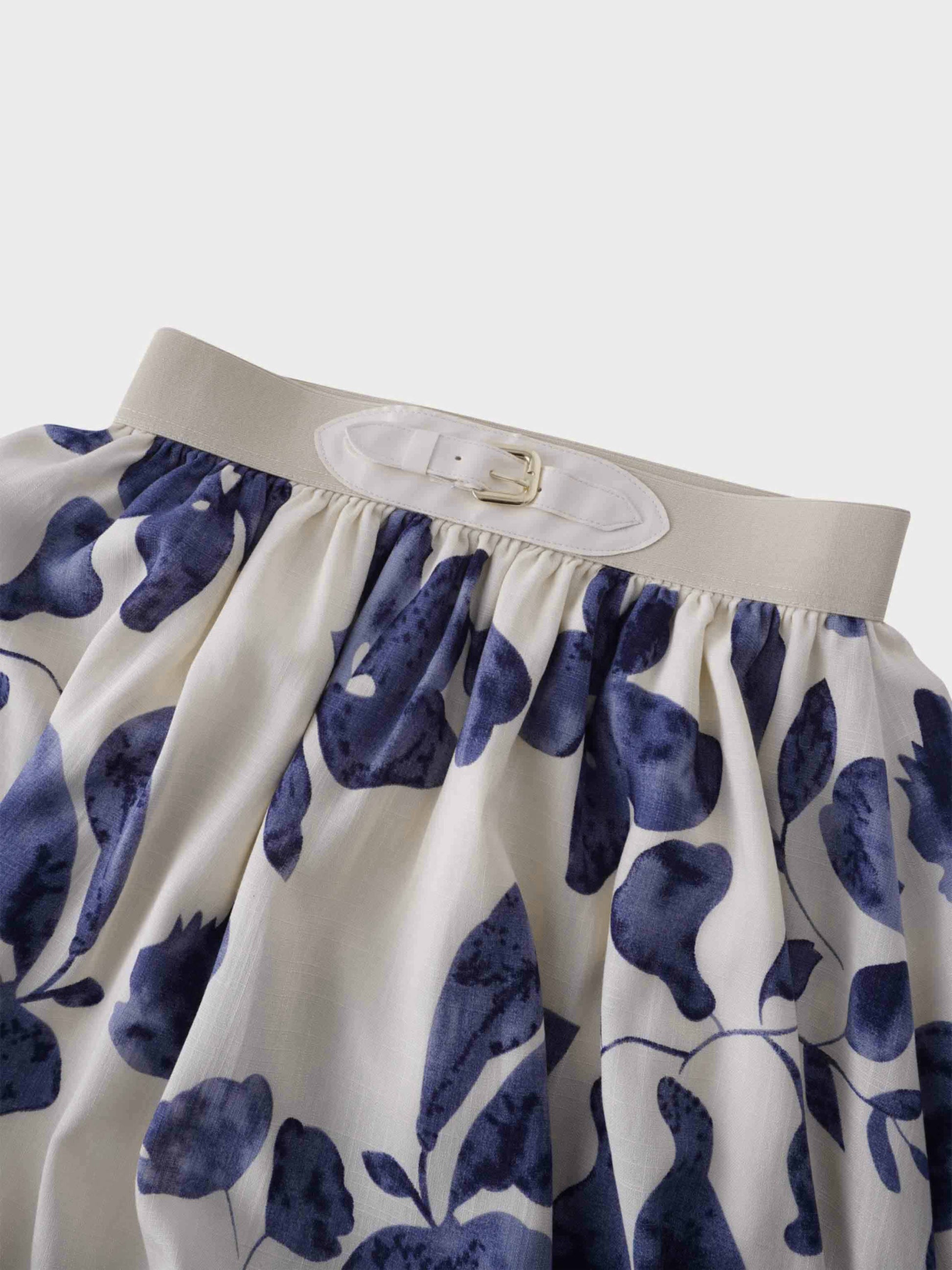 Leather Buckle Skirt-Blue Floral-4