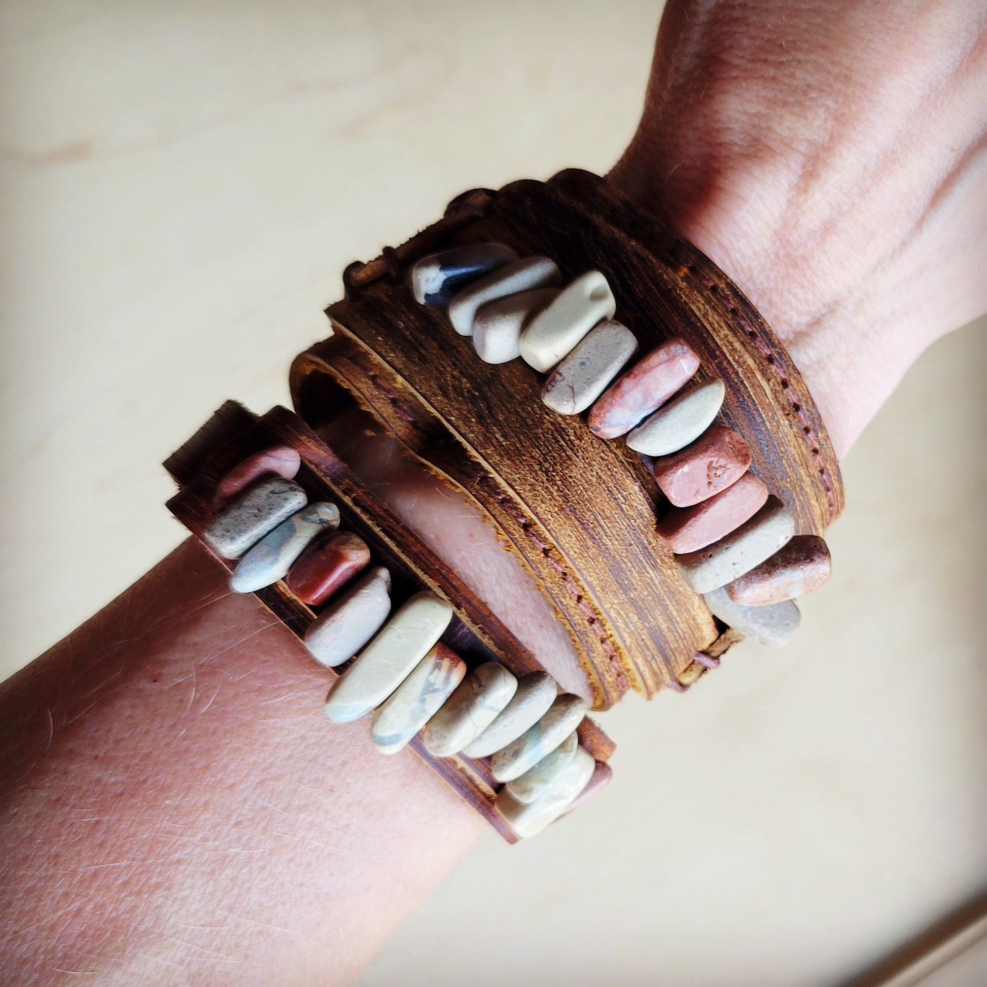 Genuine Leather Narrow Cuff with Aqua Terra Stones 005f-2