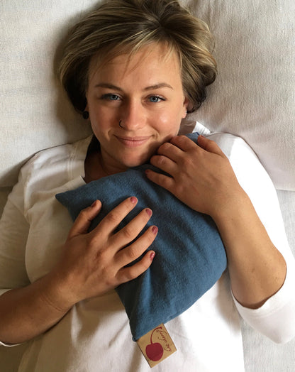 Hot Cherry Square Pillow in Blue Denim-2