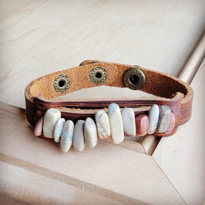 Genuine Leather Narrow Cuff with Aqua Terra Stones 005f-3