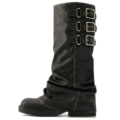 ClassicSter Fold Over Knee High Boots Slouch Boots for Women Chunky Goth Platform Boots2 inch Heel Wide Calf Long Boots Square Toe Riding Boots(US 7)