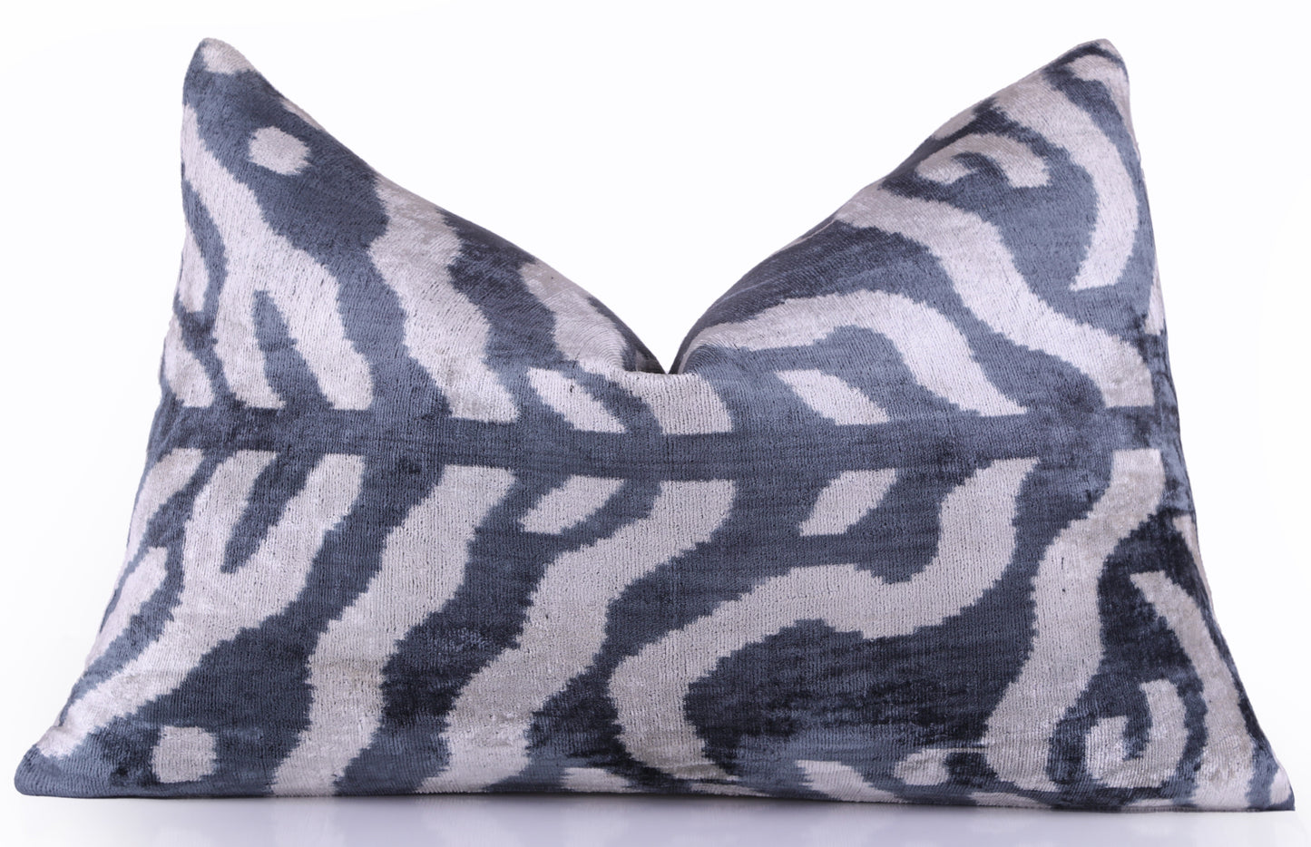 Handmade Velvet Pillow with insert – Blue-Gray Abstract Ikat, 16x24"-0