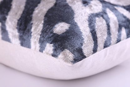 Handmade Velvet Pillow with insert – Blue-Gray Abstract Ikat, 16x24"-4