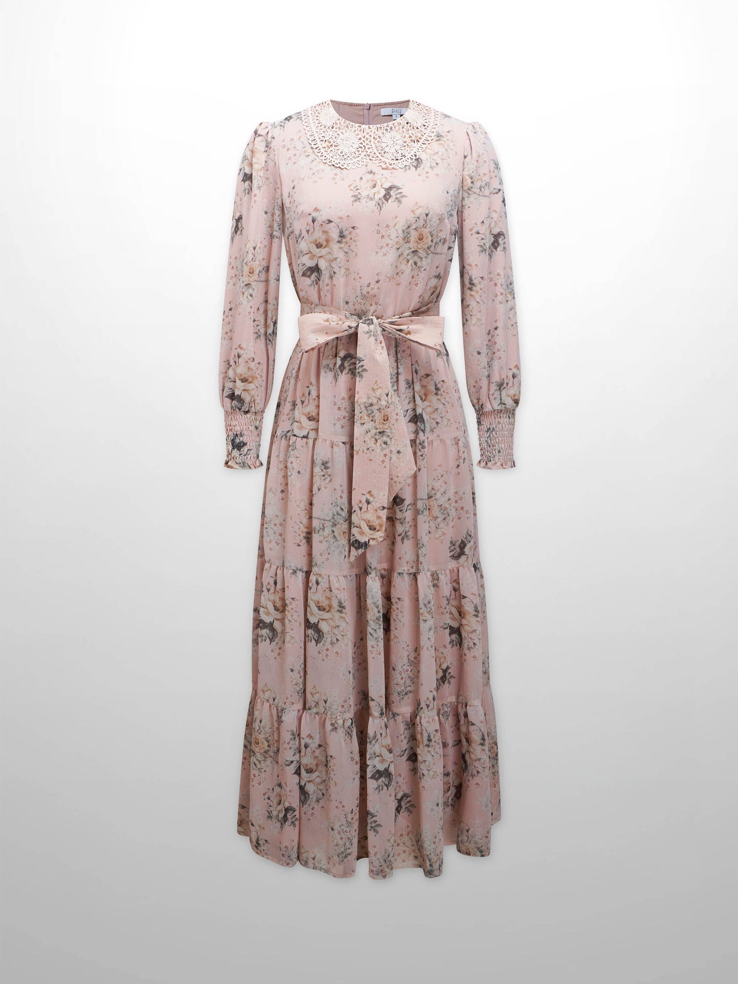 Collared Belted Tiered Dress-Vintage Floral-1