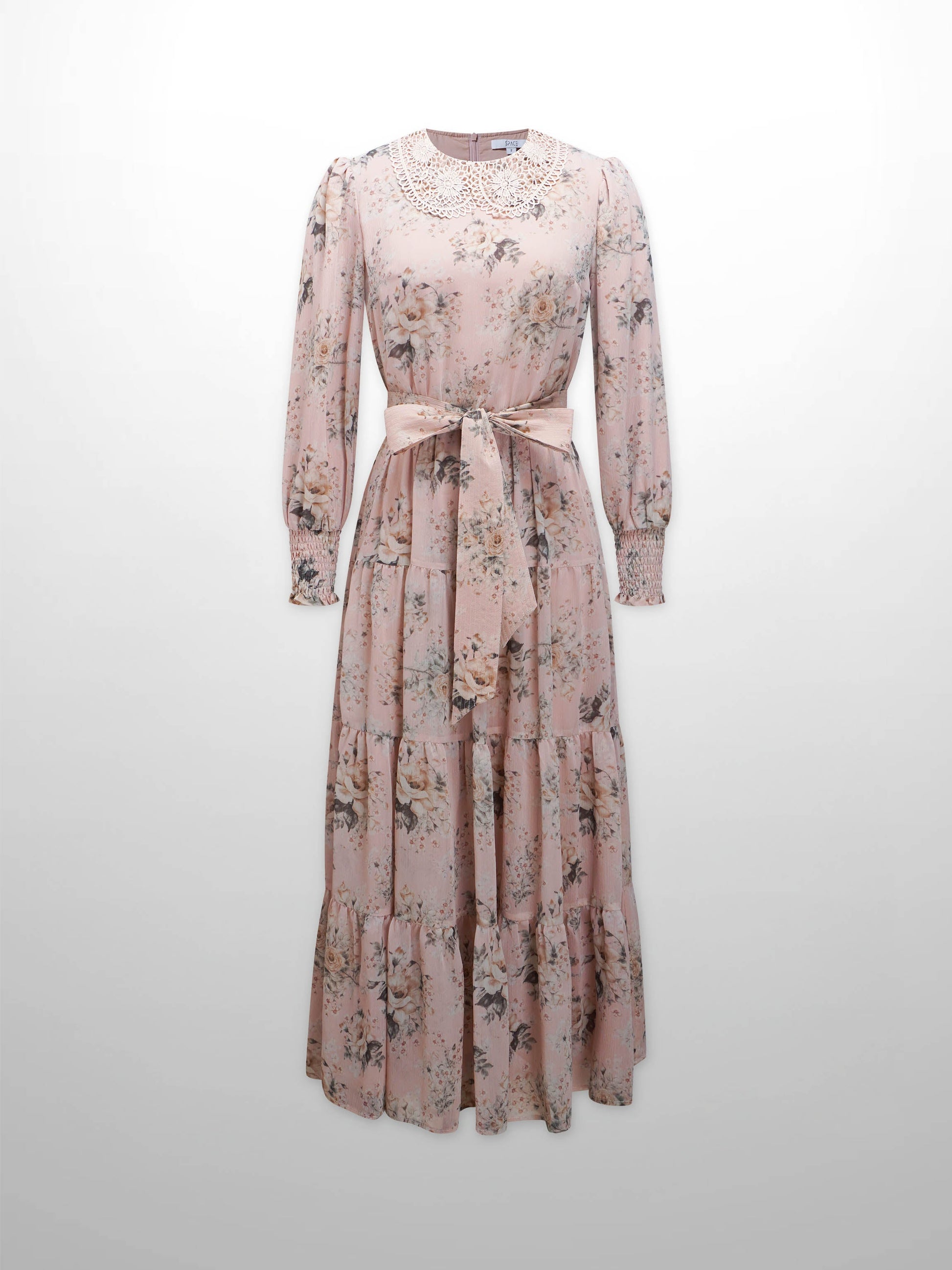 Collared Belted Tiered Dress-Vintage Floral-1