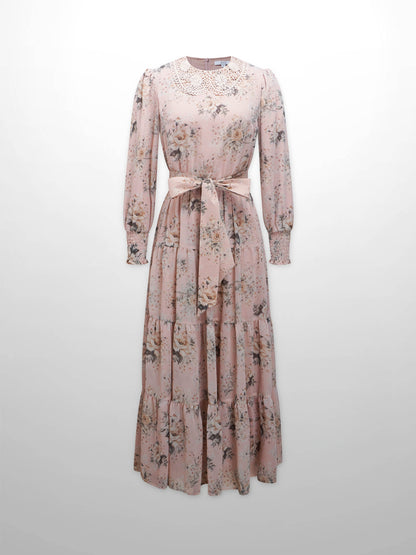 Collared Belted Tiered Dress-Vintage Floral-1