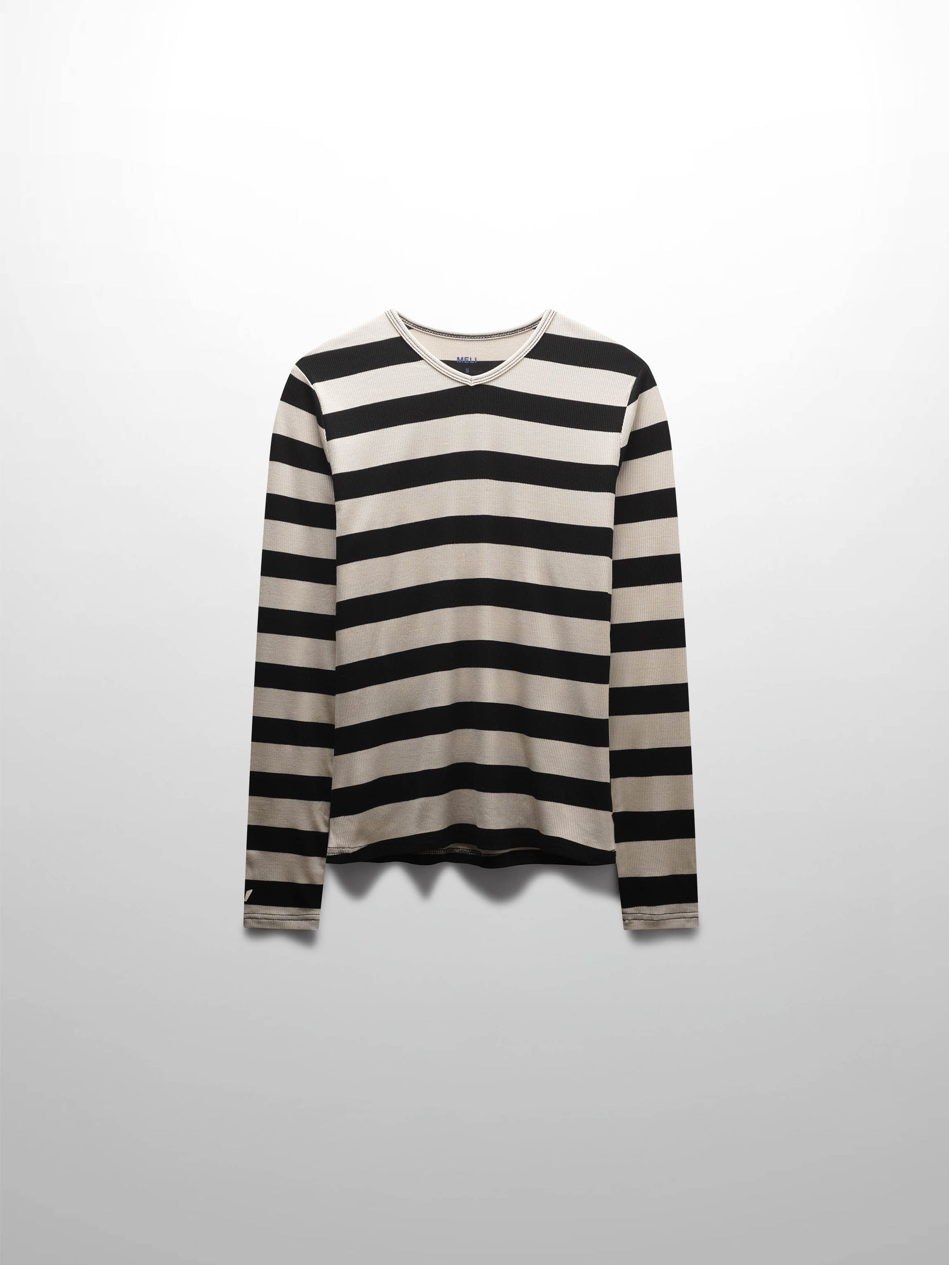 Ribbed Striped High V Tee Long Sleeve-Tan/Black-1