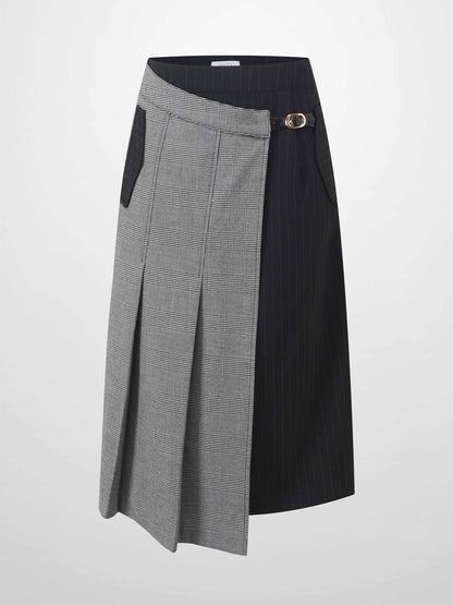 Faux Wrap Pleated Front Buckle Skirt-Pinstripe/Plaid-1