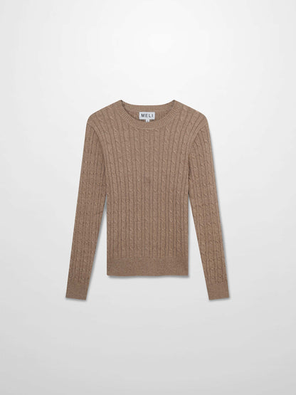 Crew Neck Cable Sweater-Heathered Camel-0