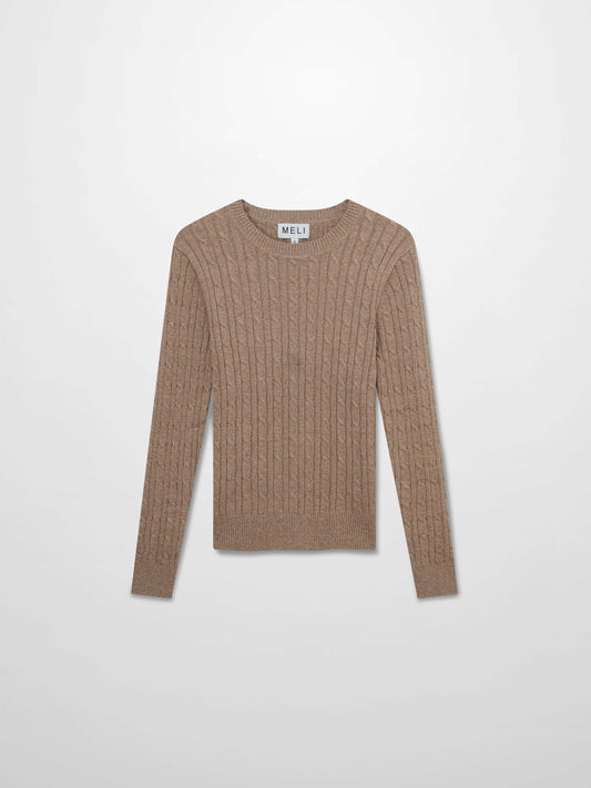 Crew Neck Cable Sweater-Heathered Camel-0