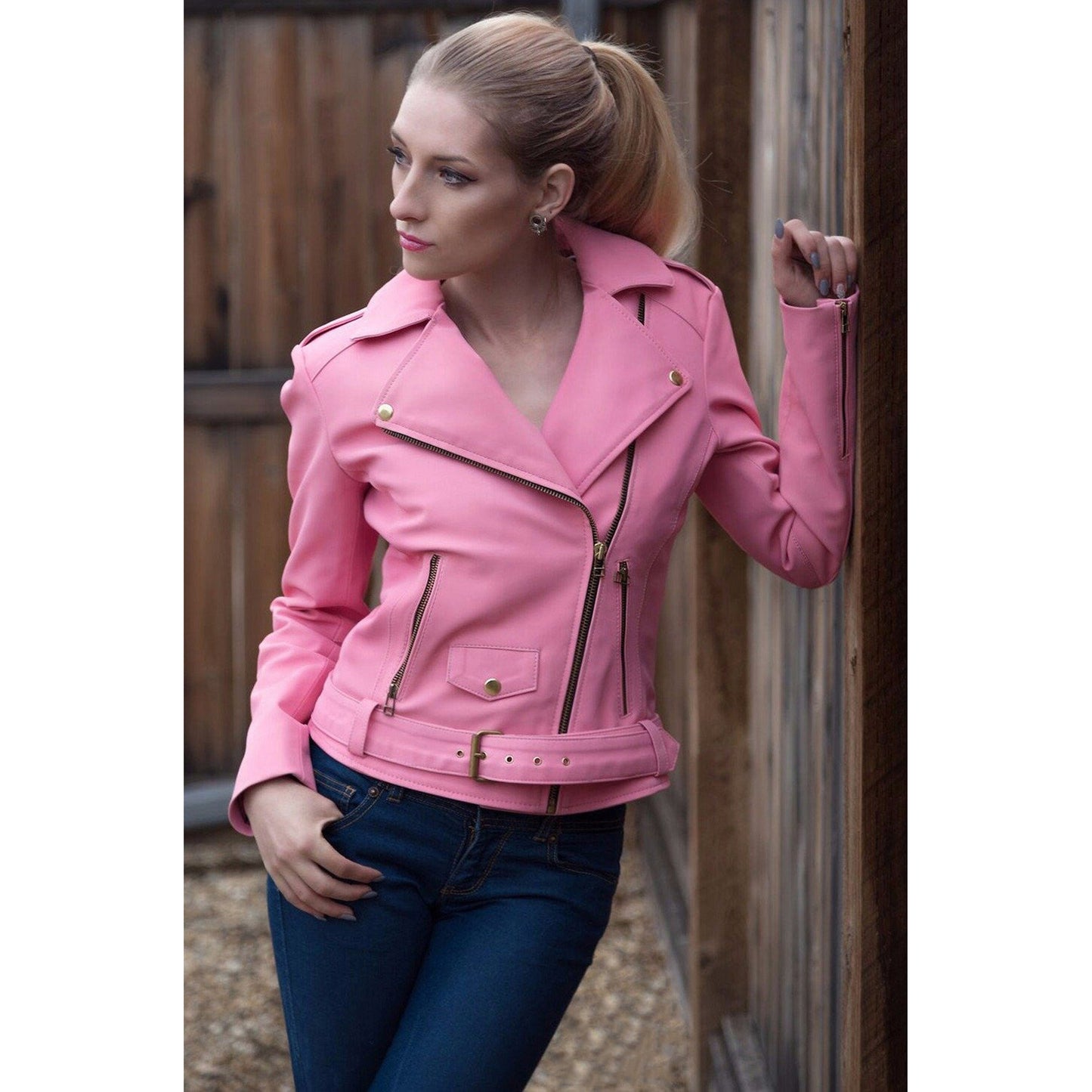 Becca Womens Pink Leather Jacket-0