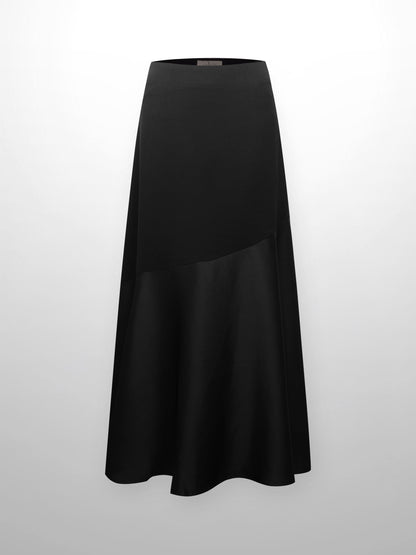 Faux Satin Bottom Flare Skirt-Black-1