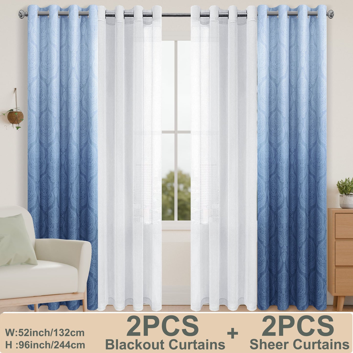 4pcs/SET Curtains - 2pcs Ombre Blackout Curtains And 2pcs Semi Sheer Curtains-6