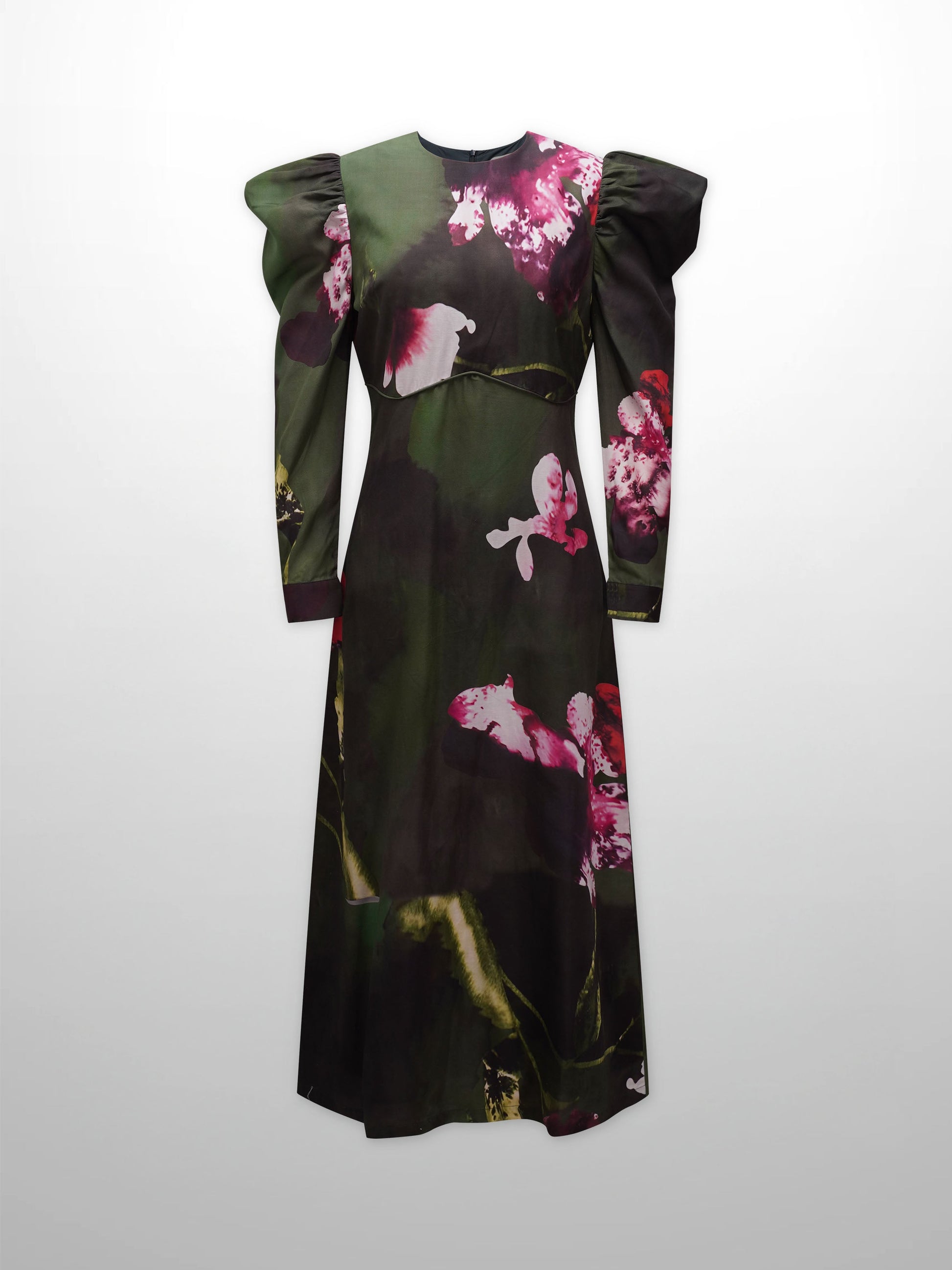 Empire Waist Puff Sleeve Dress-Green Forest-1