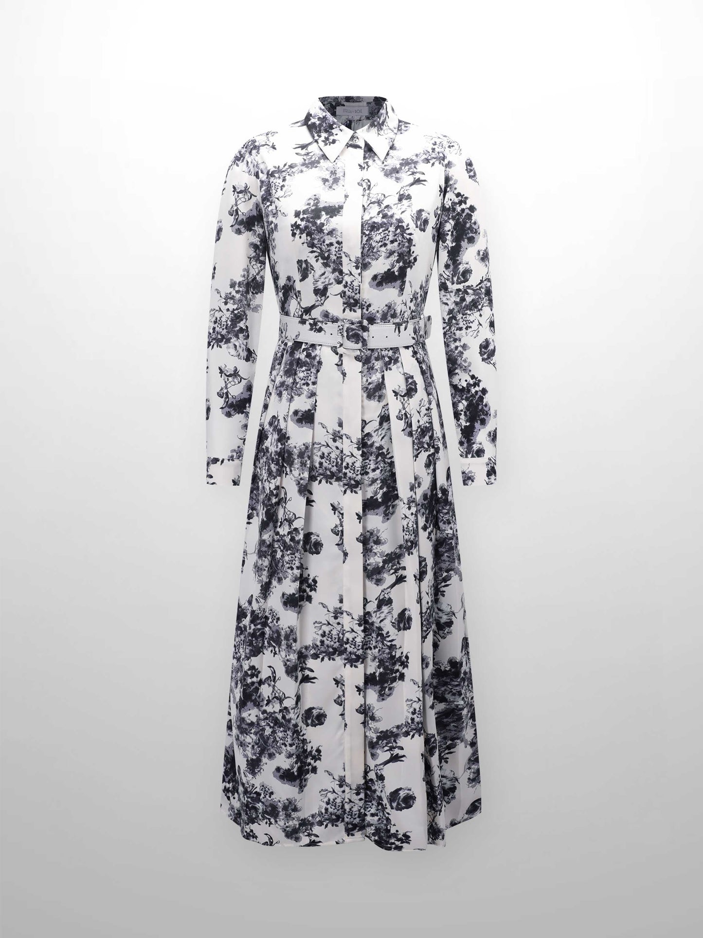Belted Waist Pleat Shirtdress-Cream/Blue Floral-0