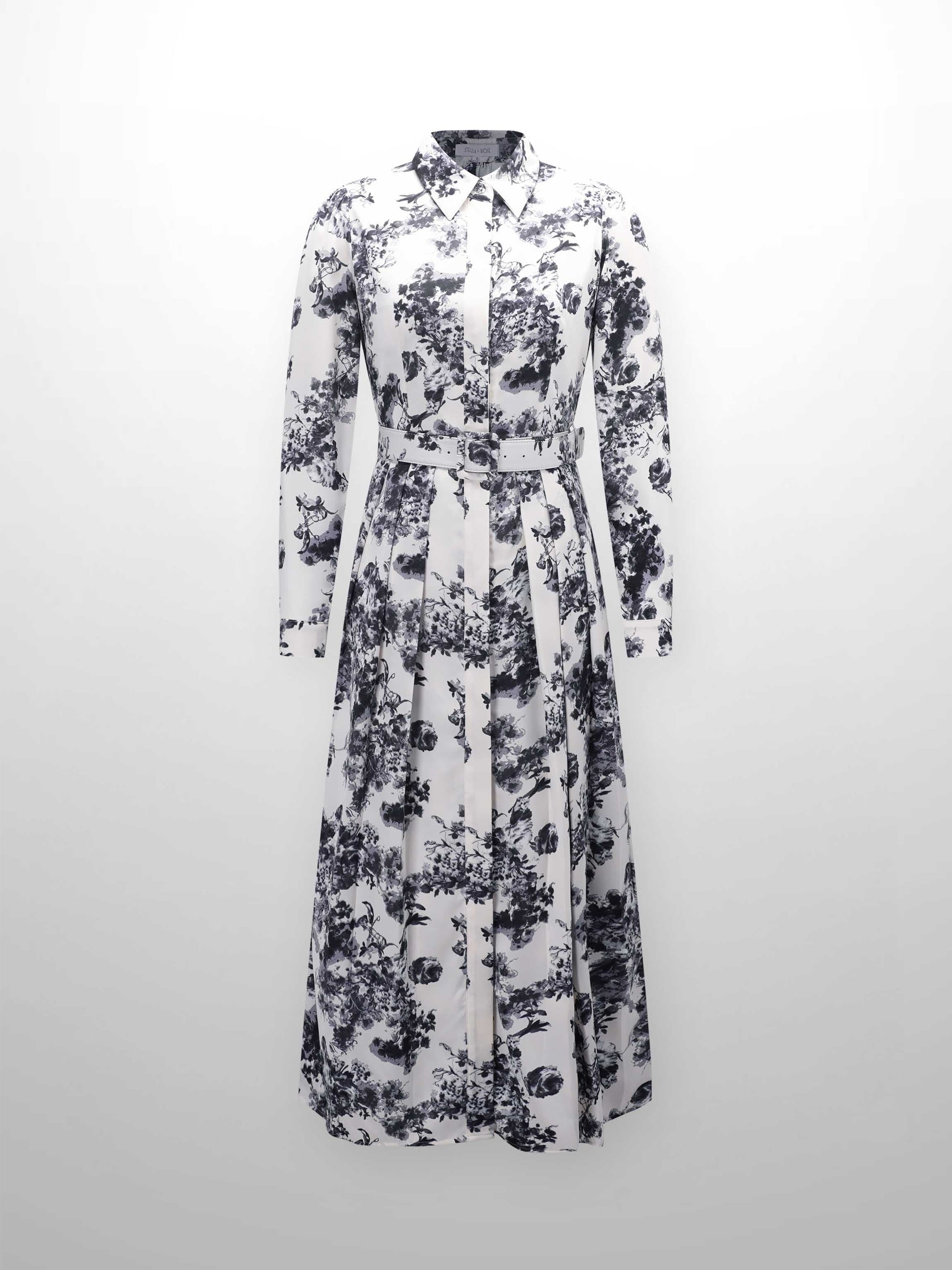 Belted Waist Pleat Shirtdress-Cream/Blue Floral-0