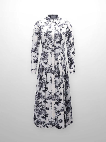 Belted Waist Pleat Shirtdress-Cream/Blue Floral-0