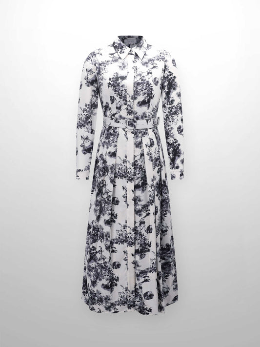 Belted Waist Pleat Shirtdress-Cream/Blue Floral-0