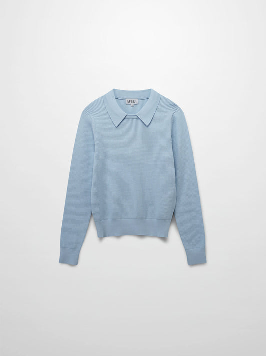 Waffle Collared Sweater-Light Blue-0