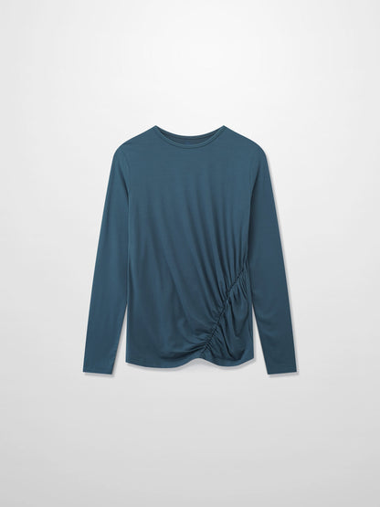 Curved Gathered Detailed T-Shirt-Denim Blue-1