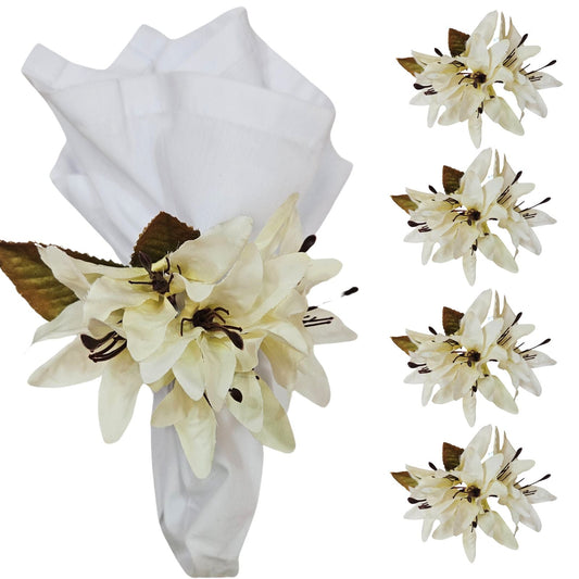 Maison Charlo Set of 4 Off White Lilies Charm Flower Napkin Rings-0