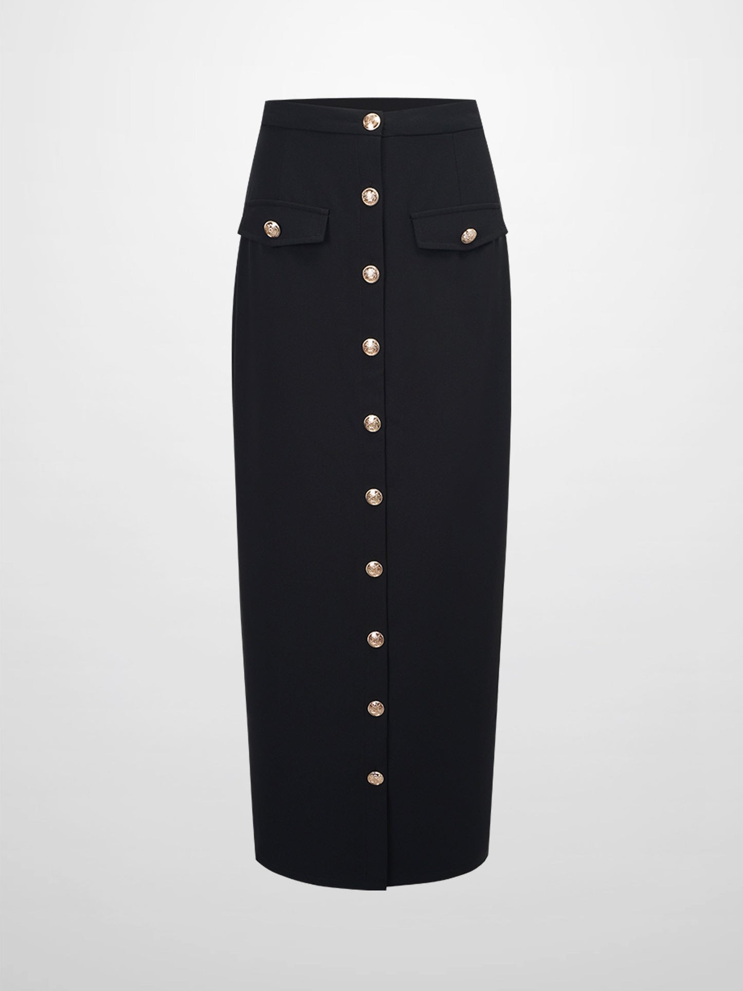 Gold Button Straight Pocket Skirt-Black-1