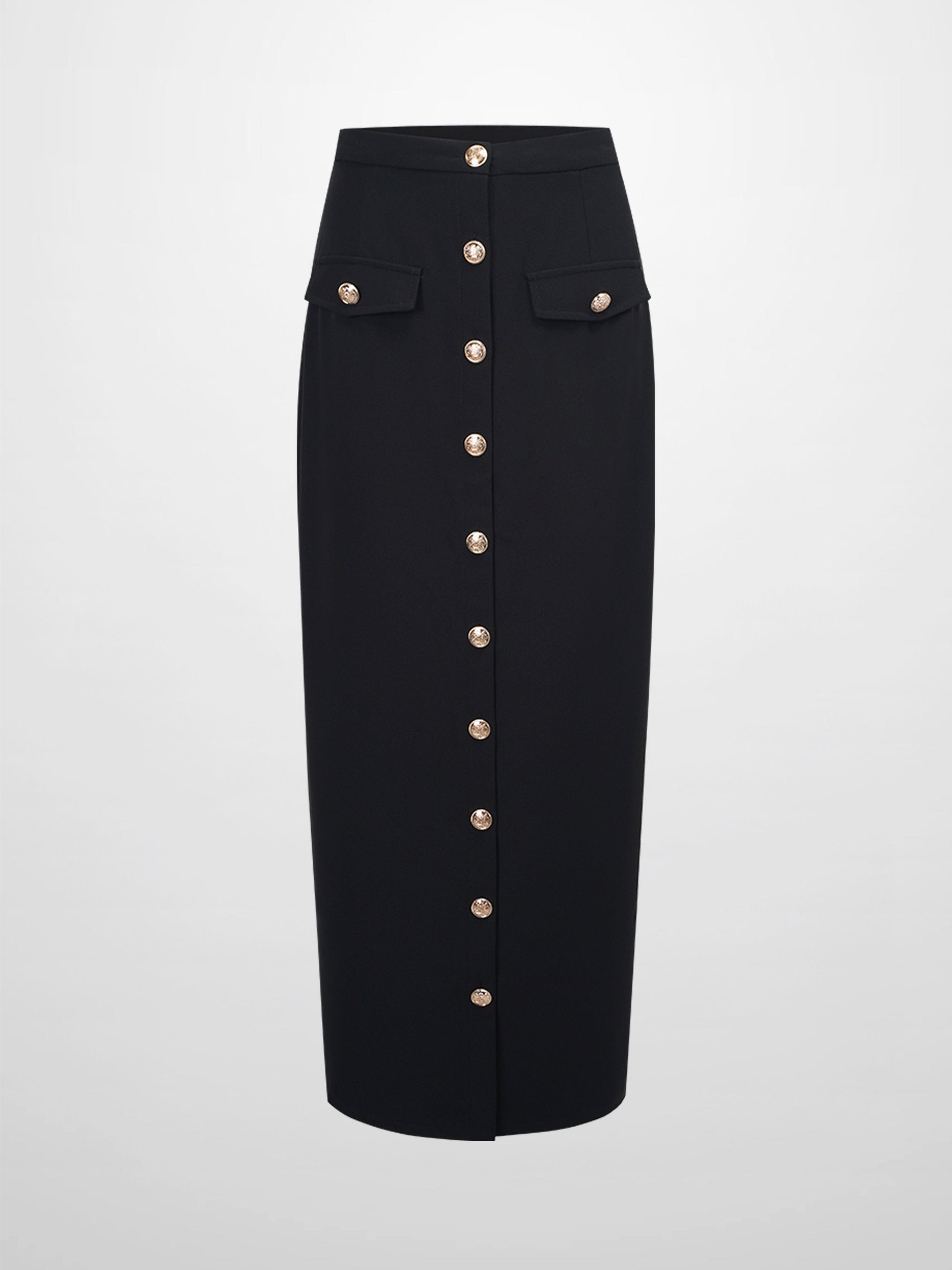 Gold Button Straight Pocket Skirt-Black-1