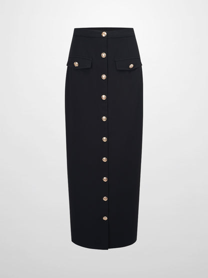 Gold Button Straight Pocket Skirt-Black-1