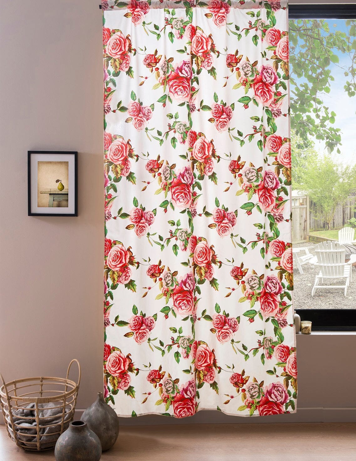 DaDa Bedding Set of 2-Pieces Romantic Roses Pink Floral Sheer Window Panel Curtains (JHW-879)-1