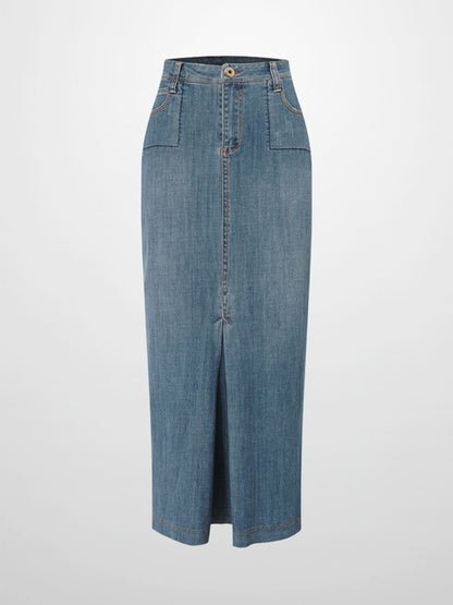 Front Kick Pleat Denim Skirt-Blue-1