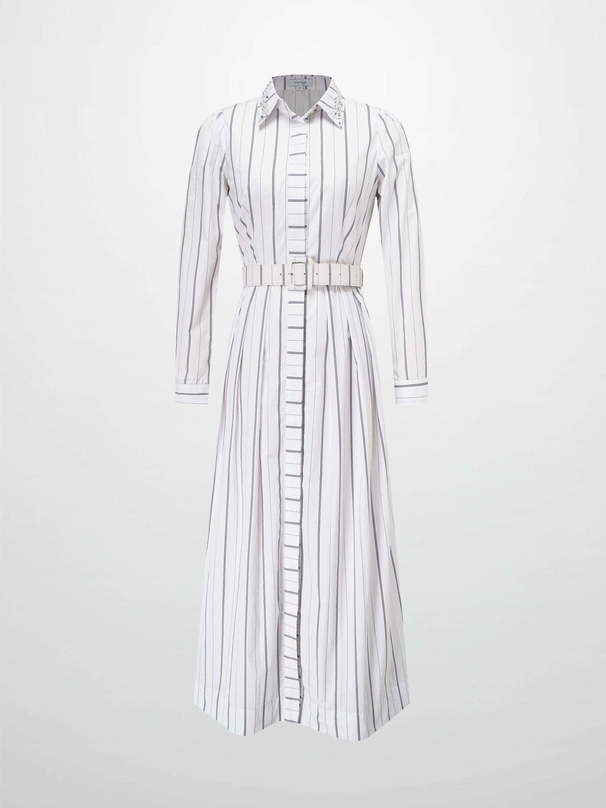 Jeweled Collar Belted Shirtdress-White Pinstripe-1