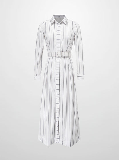 Jeweled Collar Belted Shirtdress-White Pinstripe-1