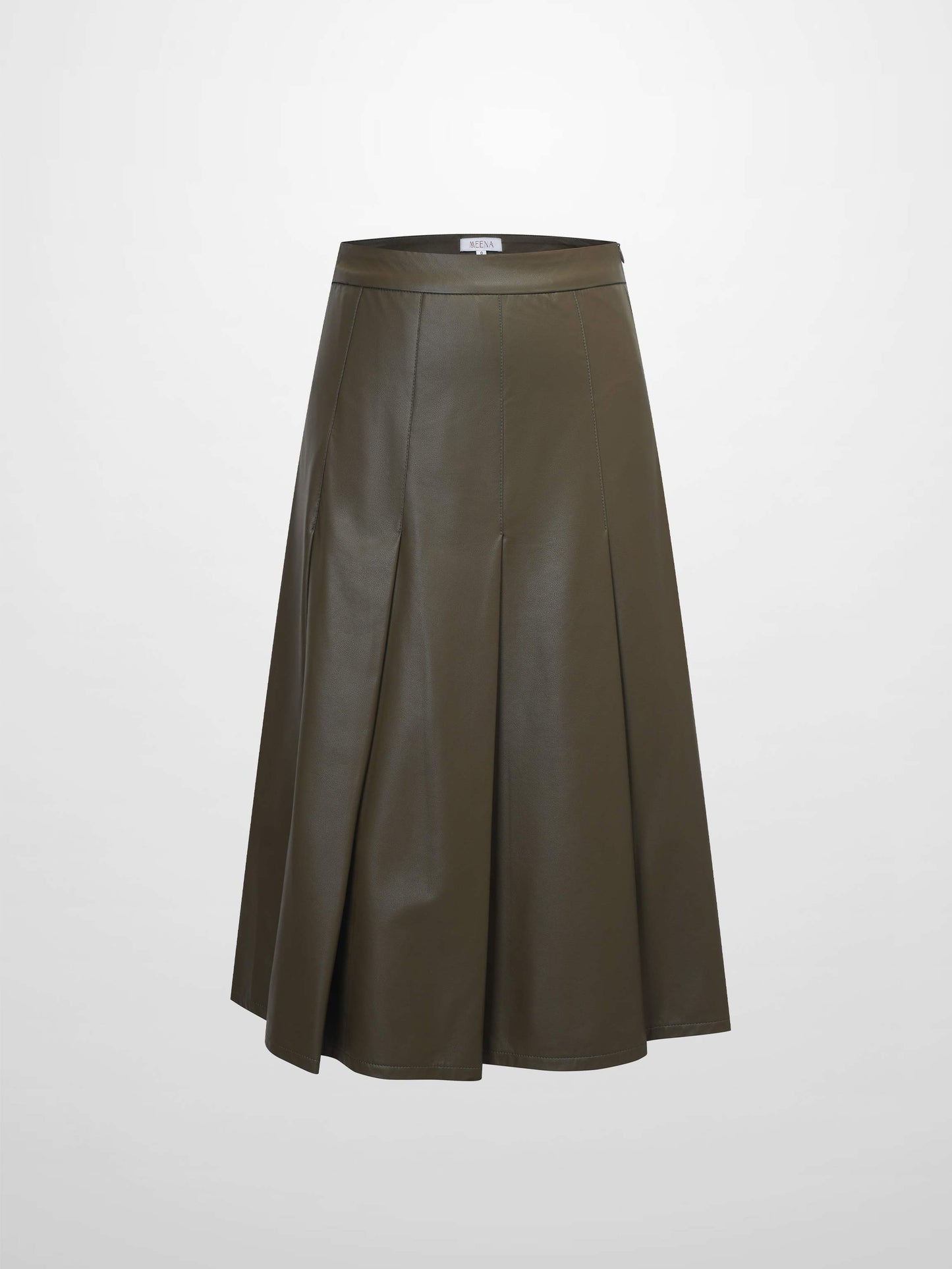 Faux Leather Stitch Down Pleated Skirt-Olive Green-1