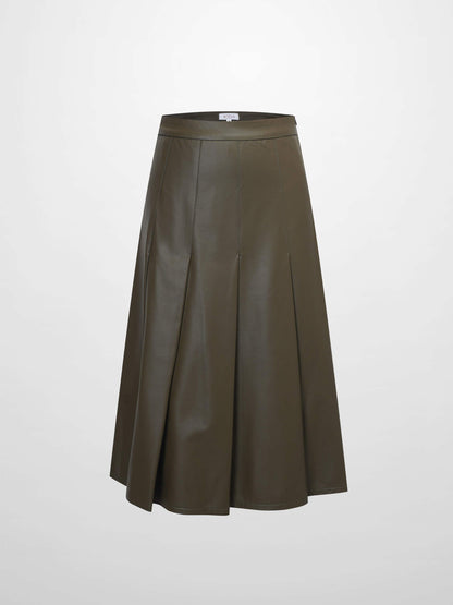 Faux Leather Stitch Down Pleated Skirt-Olive Green-1