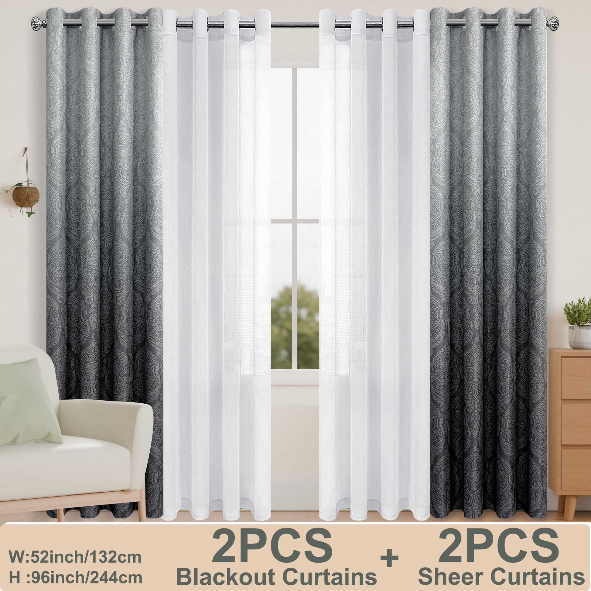 4pcs/SET Curtains - 2pcs Ombre Blackout Curtains And 2pcs Semi Sheer Curtains-0