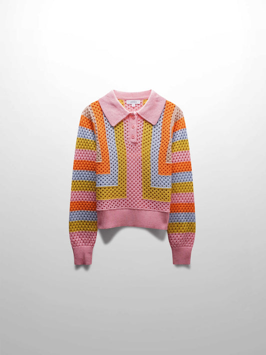 Mesh Striped Polo Sweater-Pink-0
