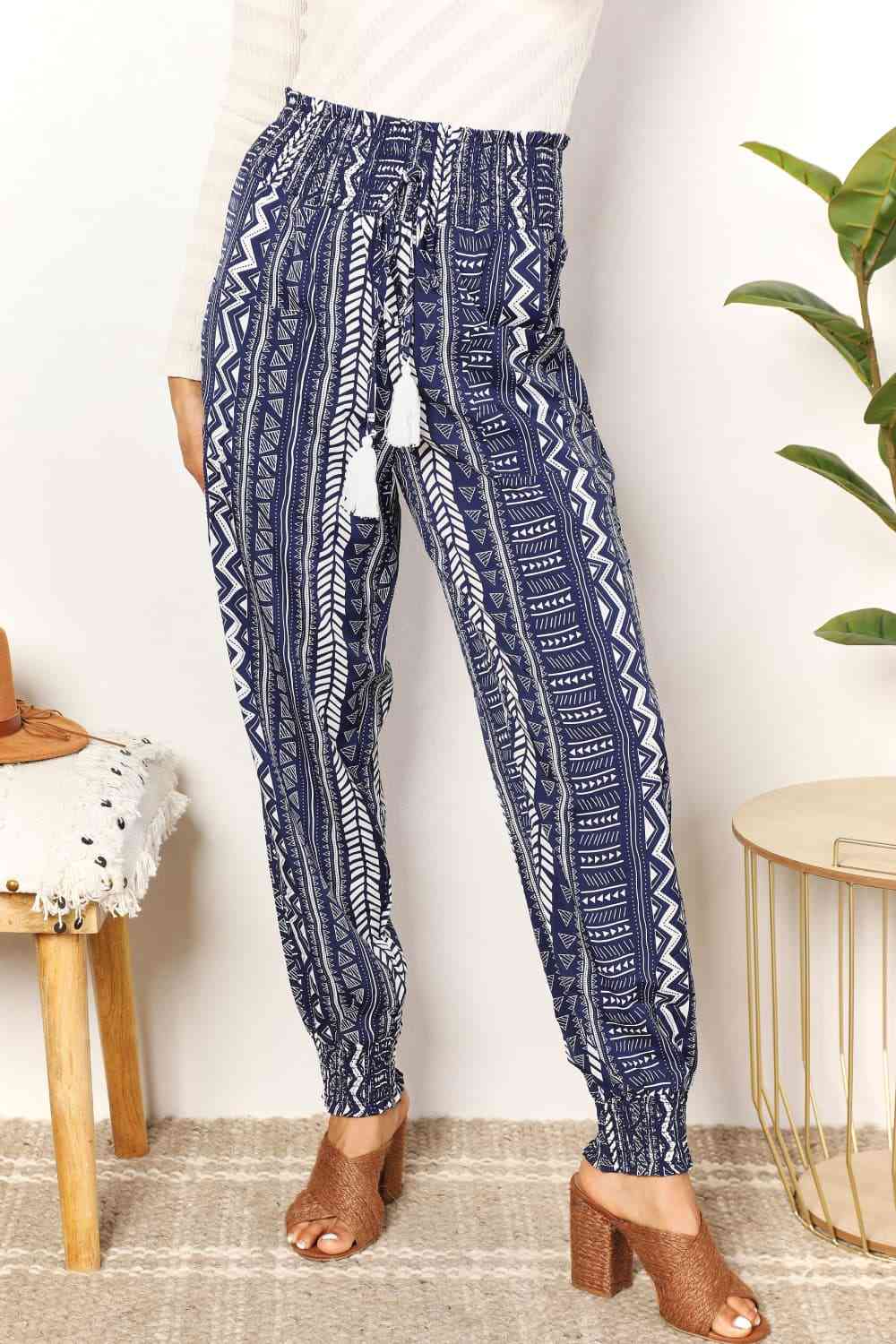 Double Take Geometric Print Tassel High-Rise Pants-0