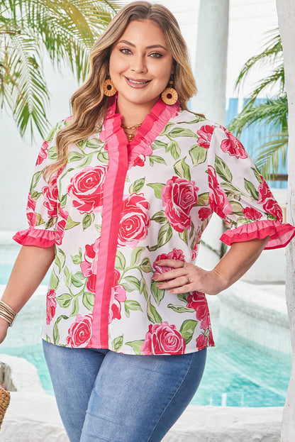 Elise Plus Size Floral Frilled Stripes Blouse-3