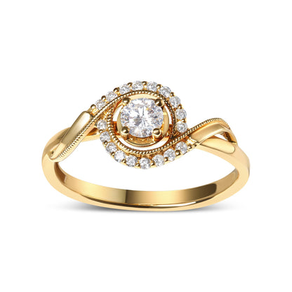 14K Yellow Gold 1/3 Cttw Diamond Solitaire and Halo Swirl Engagement Ring (G-H Color, VS2-SI1 Clarity)- Size 7-1