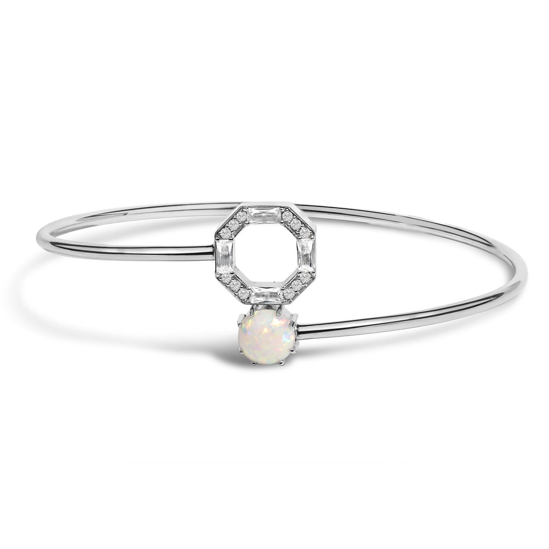 .925 Sterling Silver 7X7MM Created Opal and White Sapphire Halo Bangle Bracelet - 7 Inches-1