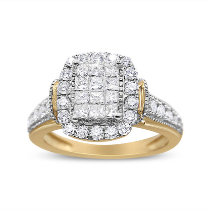 14K Yellow and White Gold 1.00 Cttw Princess and Round Cut Emerald Shaped Halo Diamond Cluster Ring (SI1-SI2 Clarity, H-I Color)-1