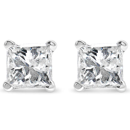 AGS Certified 14k White Gold 1.0 Cttw 4-Prong Set Princess-Cut Solitaire Diamond Push Back Stud Earrings for Women (E-F Color, I1-I2 Clarity)-1