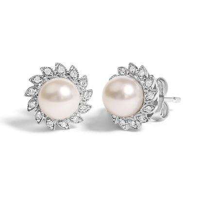 10K White Gold Heirloom-Style Pearl and Diamond Accent Halo Stud Earrings (I-J color, I1-I2 Clarity)-1
