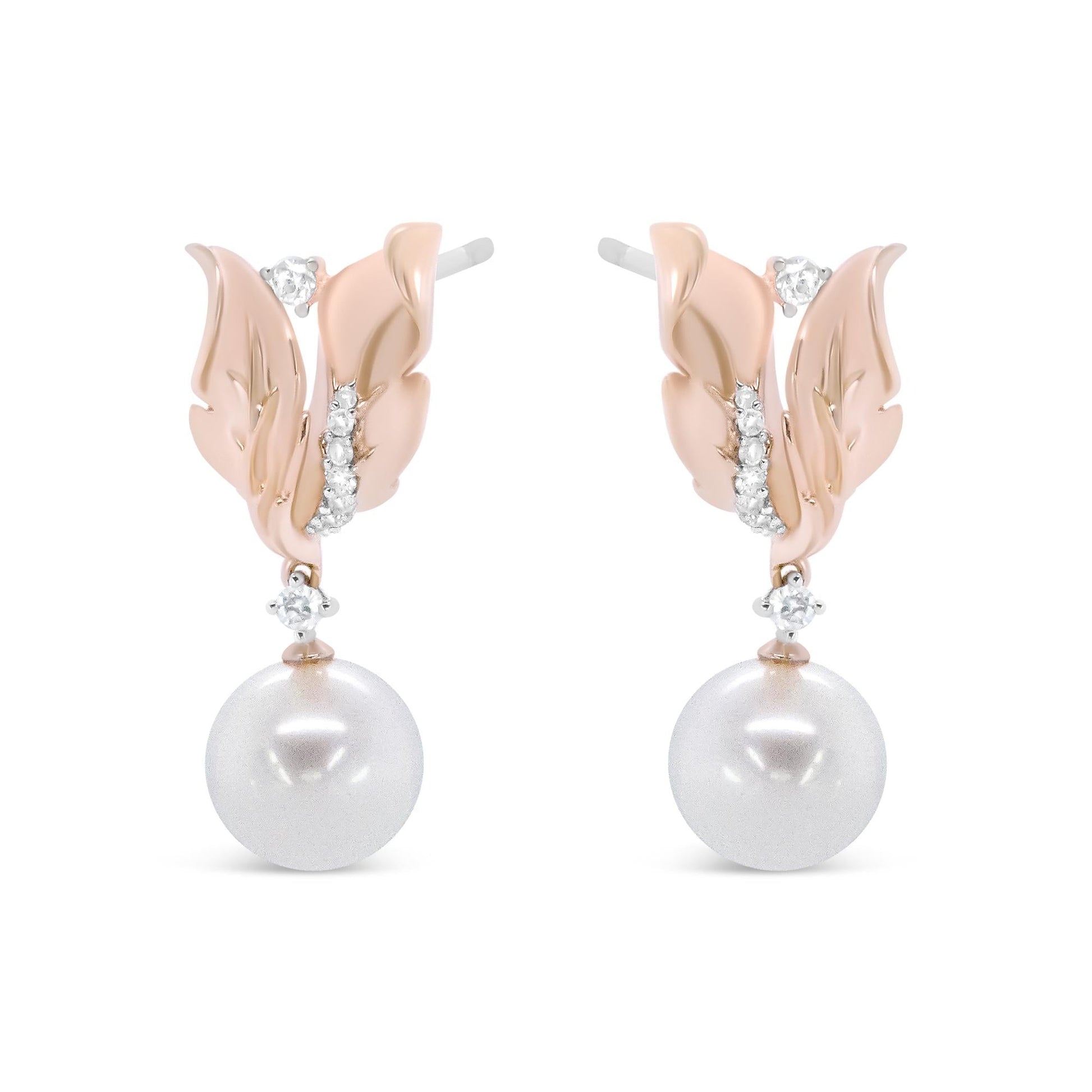 14K Rose Gold 1/6 Cttw Round Diamond and 8mm Round Pearl Floral Drop Stud Earrings (H-I Color, I1-I2 Clarity)-1