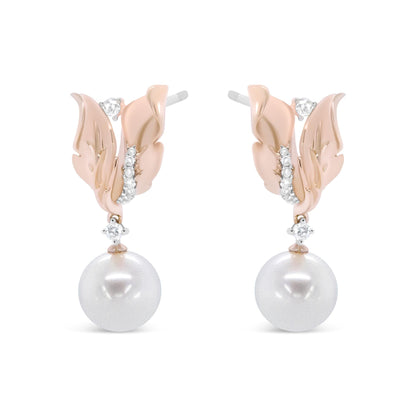 14K Rose Gold 1/6 Cttw Round Diamond and 8mm Round Pearl Floral Drop Stud Earrings (H-I Color, I1-I2 Clarity)-1