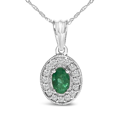 14K White Gold Oval 6x4 MM Green Emerald and Diamond Halo Pendant Necklace - 18 inch-1