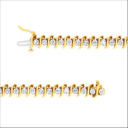 AGS Certified 18K Yellow Gold 5.00 Cttw "S" Link Wrapped 2-Prong Set Round Brilliant Diamond Tennis Bracelet (G-H Color, I1-I2 Clarity) - Size 7-1
