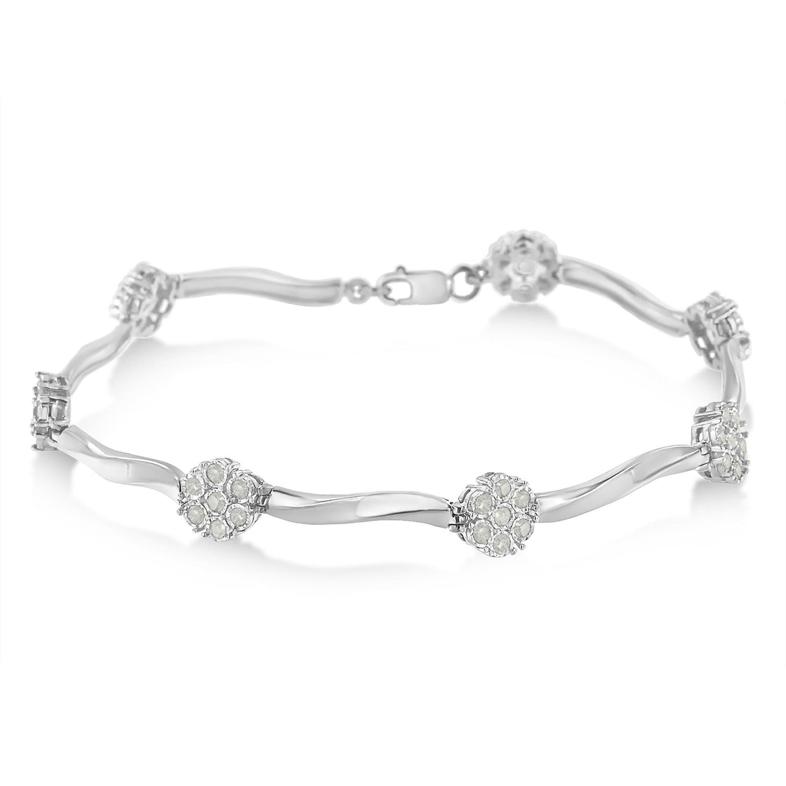 .925 Sterling Silver 1.0 Cttw Diamond Cluster Miracle-Set Station & Twisted Bar 7" Tennis Bracelet (H-I Color, I1-I2 Clarity)-1