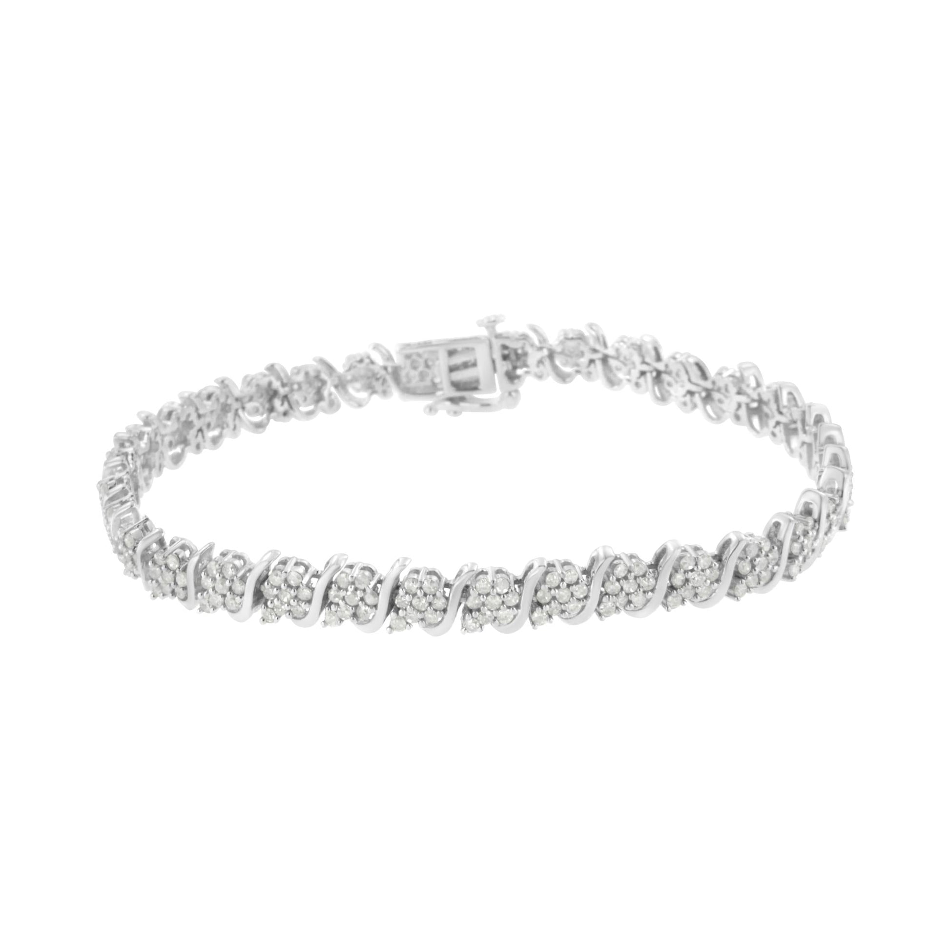 .925 Sterling Silver Diamond Floral Cluster Link Bracelet (2 3/4 cttw, I-J Color, I3 Clarity) - Size 7.25"-1