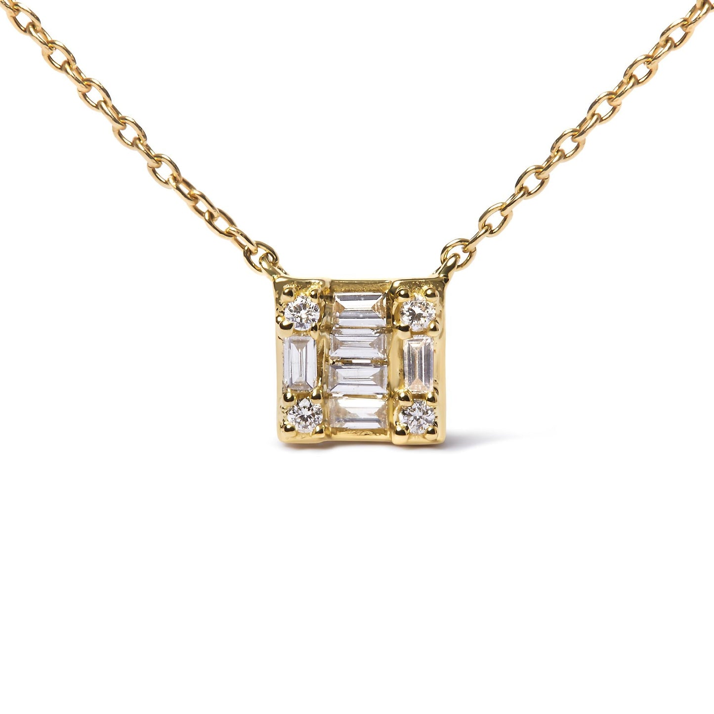10K Yellow Gold 1/10 Cttw Round and Baguette Diamond Mosaic Composite Square 18" Inch Pendant Necklace (H-I Color, I1-I2 Clarity)-1